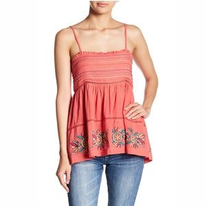 Banjara Pintuck Top Embroidered Coral Boho Tank Size S NWT